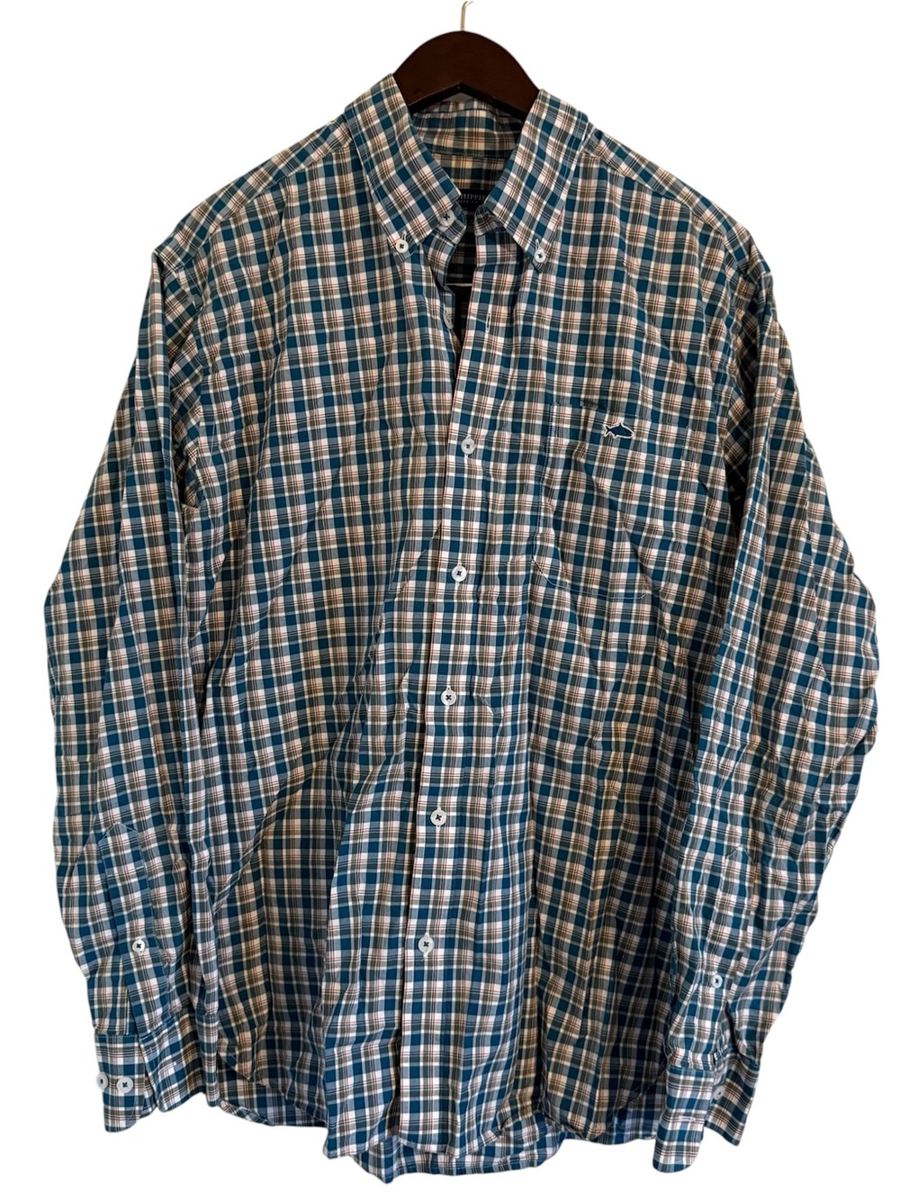 Fish Hippie Men's Blue and Brown Plaid Button-Down Shirt Size Large 100% Cotton